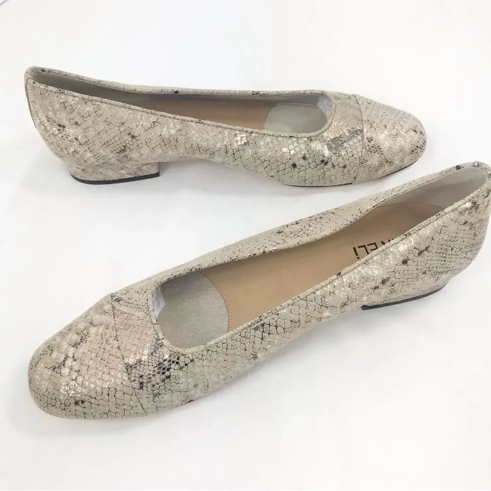 VANELi Tan Metallic Gold Snakeskin Leather Cap Toe Low Heel Classic Ballet Flats